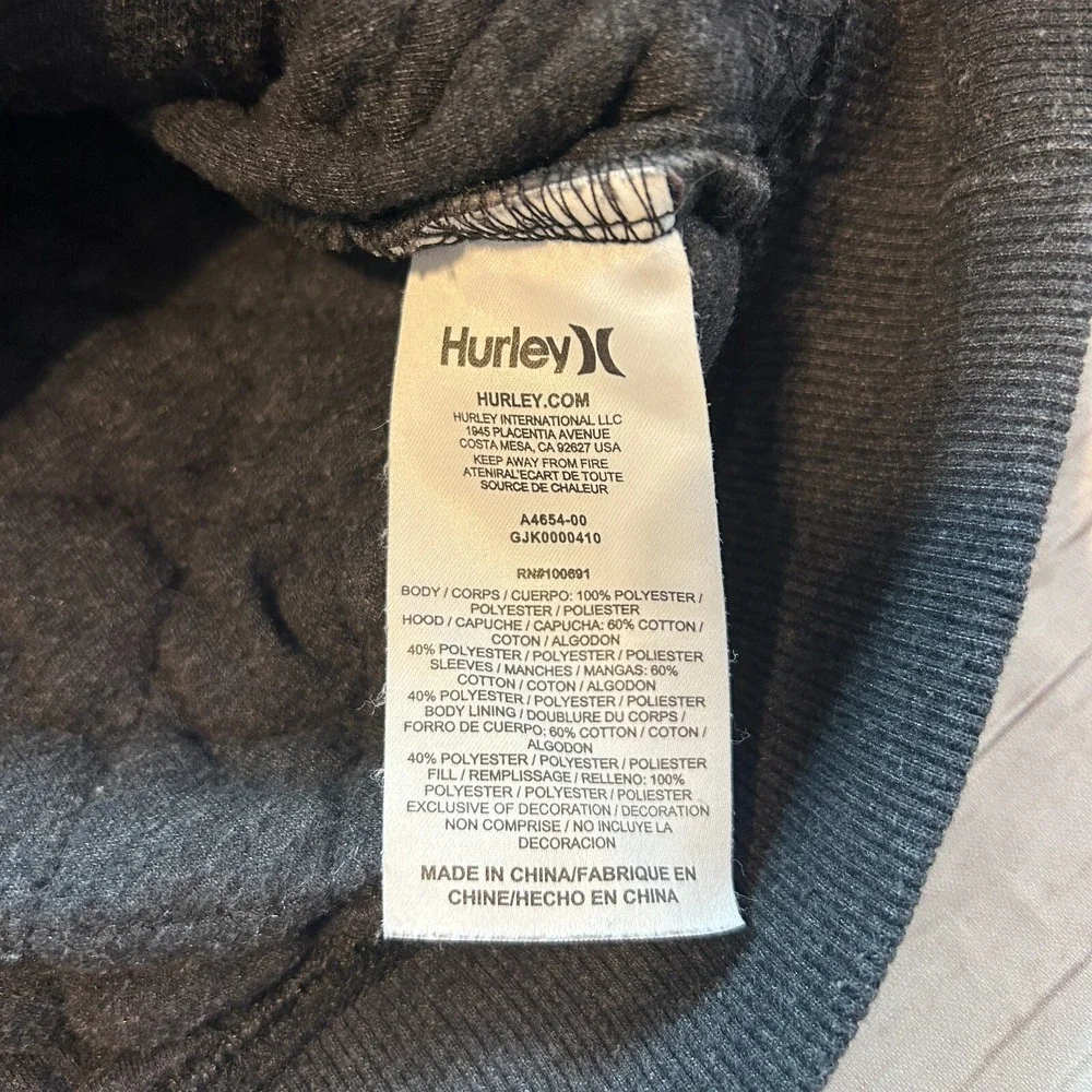 Hurley Hooded Sweatshirt Full Zip‎ Gray Black Quilted Pockets Youth Boys XL